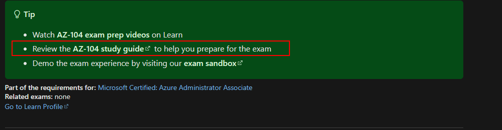 Microsoft exam learn page screenshot